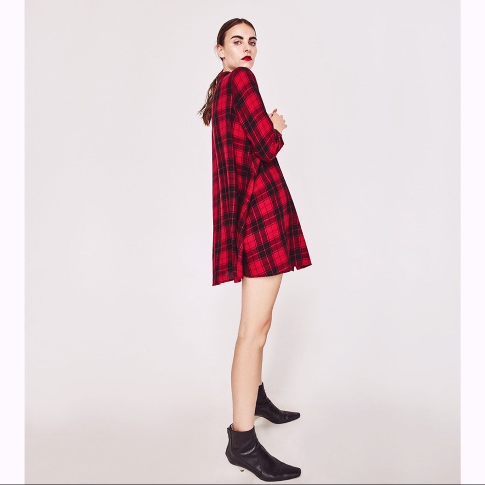 Zara Plaid Shirt Dress in Red and Black - Picture 2 of 11
